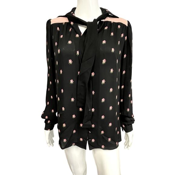 VALENTINO Black Pink Floral Printed Neck Tie Collared Long Sleeve Blouse Size 8 - Picture 1 of 5